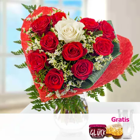 Rosenstrauß Rosenkavallier mit Vase & 2 Ferrero Rocher & GLÜCK-Marmelade - Blumen online verschicken auf 123Blumenversand.de
