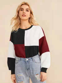 Kord Pullover mit Laternenärmeln und Farbblock | SHEIN