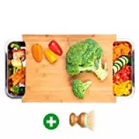 Koko Two Schneidebrett mit ausziehbaren Schubladen aus Edelstahl + GRATIS Reinigungsbürste/Hochwertiges - Antibakterielles Bambusholz mit Antirutschfüßen