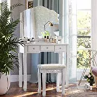 VASAGLE Schminktisch mit 5 Schubladen, Frisiertisch mit Hocker, rahmenloser 3-teiliger Klappspiegel, abnehmbare Kosmetikbox, Kosmetiktisch-Set, einfacher Aufbau, weiß RDT28WT