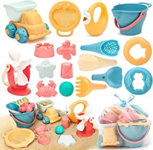 Sanlebi 17 Stück Strand Sandspielzeug Set mit Wasserrad, Strandbuggy, Eimer, Netzbeutel, Sandformen, Weichem Kunststoff Spielzeug Strand für Kinder Jungen Mädchen: Amazon.de: Spielzeug