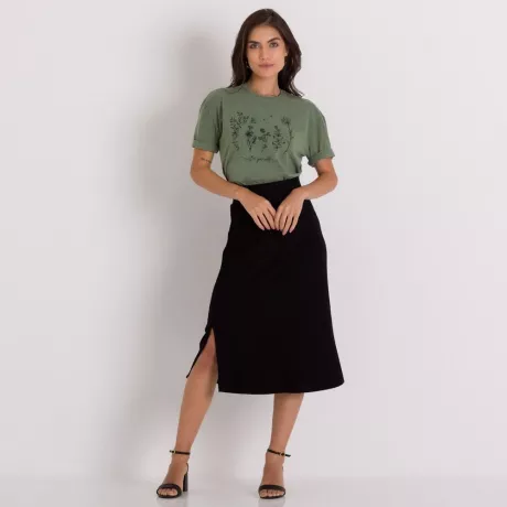 Saia Midi Canelada com Fenda Patrícia Foster Preto