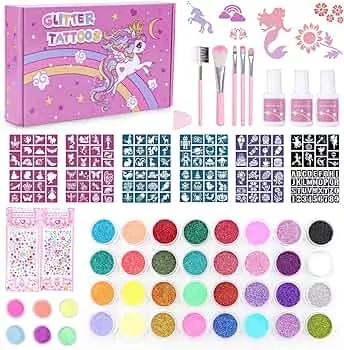 Highttoy Glitzer Tattoo Set Mädchen, 38 Farben Einhorn Leuchtende Temporäre Glitzertattoos Kinder, 150 Schablonen, 5 Pinsel, 3 Kleber, 2 Glitzeraufkleber, 1 Schwammtuch Geschenk für Party Weihnachten : Amazon.de: Spielzeug