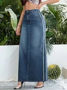 Saias jeans cintura alta acabamento bruto maxi | SHEIN Brasil