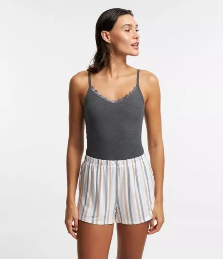 Pijama Short Doll em Ribana com Estampa de Listras Cinza/Branco