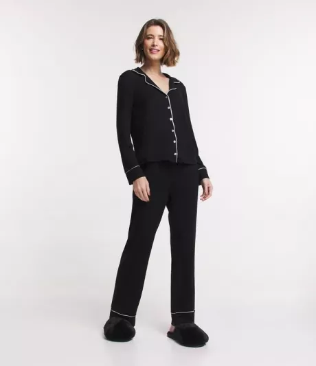 Pijama Americano Longo em Viscolycra com Bolsinho Frontal Preto