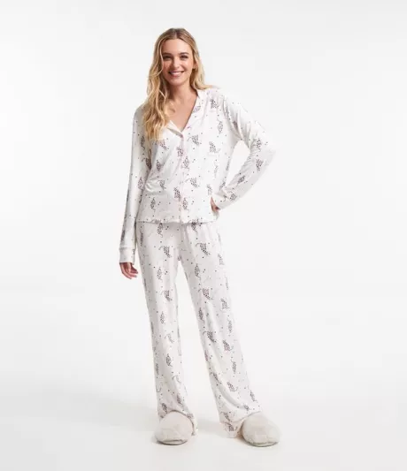 Pijama Americano Longo em Viscolycra com Estampa de Oncinha e Corações Branco Neve