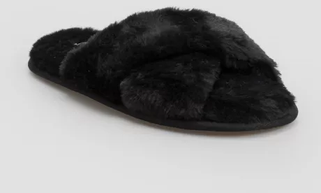 Riachuelo | Pantufa feminina slipper peluciada com tiras preta | Riachuelo