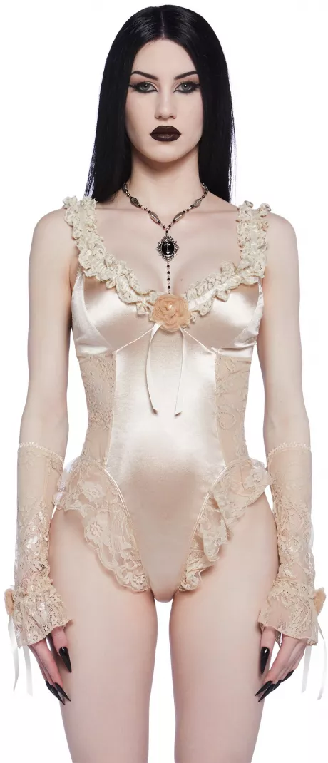 Widow Goth Satin Sheer Lace Rosette Bodysuit Lingerie Set - Off White – Dolls Kill