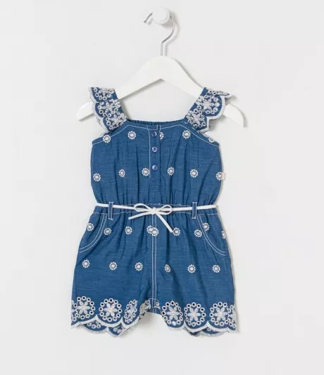 Macaquinho Infantil com Detalhes de Broderie e Cintinho - Tam 0 a 18 meses Azul - Renner