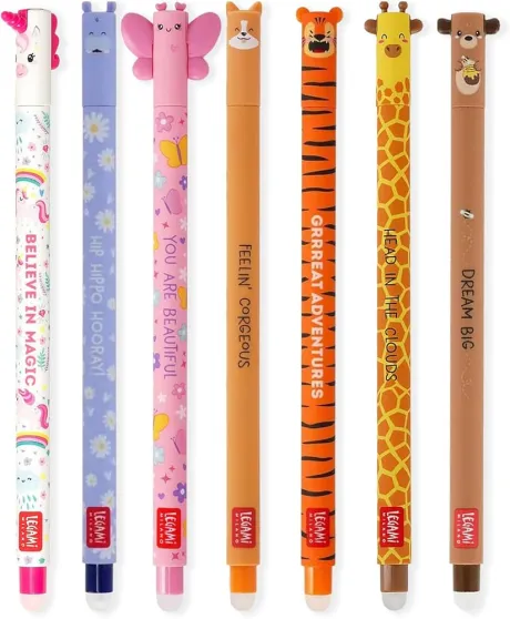 LEGAMI Set mit 7 radierbaren Gelstiften mit thermoempfindlicher Radiertinte, verschiedene Tintenfarben und Schaftdesigns, 0,7 mm Spitze, Einhorn, Nilpferd, Schmetterling, Corgi, Tiger, Giraffe, : Amazon.de: Papirvarer & kontorartikler