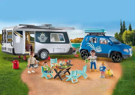 PLAYMOBIL Family Fun 71423 Wohnwagen mit Auto, Camping, vielseitiger Campingspaß in der Natur mit umfangreichem Zubehör, gemeinsamer Familientrip durch das ganze Land, Spielzeug für Kinder ab 4 Jahren: Amazon.de: Spielzeug