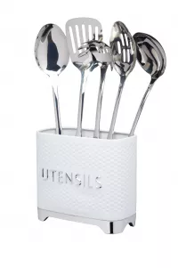 Lovello Retro Utensil Holder with Geometric Textured Finish - Ice White | Accessories | Products | KitchenCraft