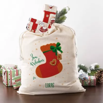 Zum Nikolaus - Geschenksack mit Name und bunter Socke