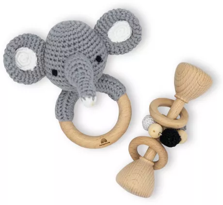 Beißring | Rassel | Elefant | Grau | Buchenholz | Kinderspielzeug