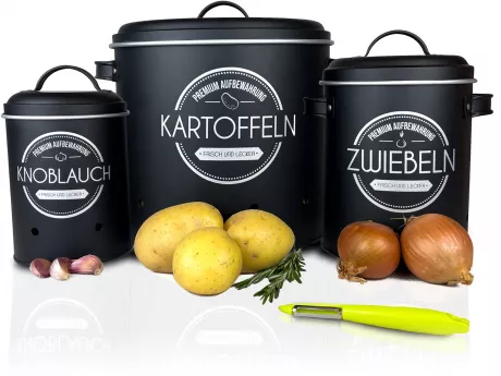 LOFTASTIC® Storage container set including peeler, perfect as a potato pot, garlic pot and onion pot, the most stylish way for fresh vegetables even longer (black) : Amazon.de: Home & Kitchen